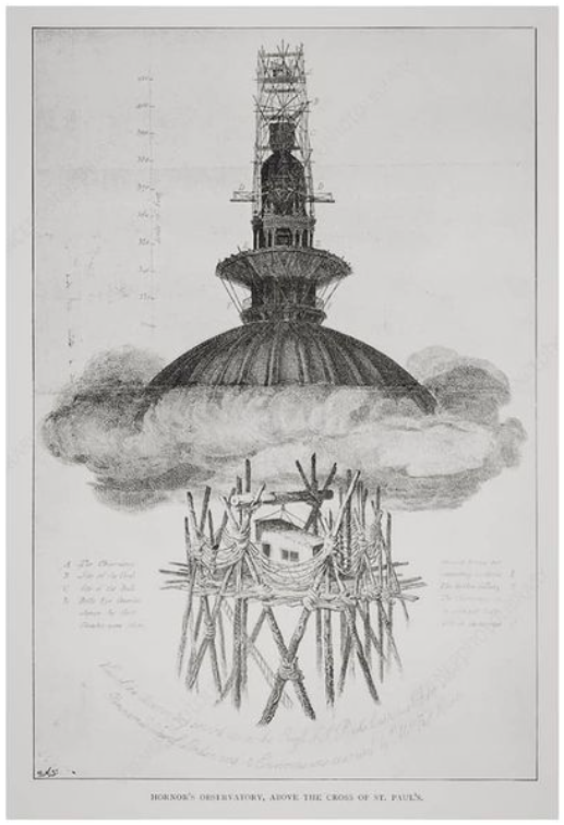(C) Royal Astronomical SocietyThomas Hornor's scaffolding and hut on top of Saint Paul's Cathedral, London. Hornor used them to produce sketches for the huge panorama of London, exhibited at the Regent's park colosseum in the early 1800s.Huhtamo, E. (2012). Illusions in Motion, The Discursive Panorama.